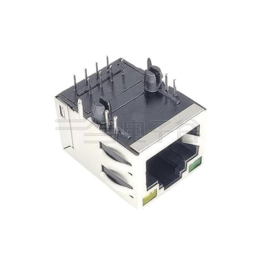 RJ45 1X1 21.35 卧式带弹 带100BASE变压器 左绿右黄 铜壳镀镍 黄铜 扁针Au 6u" PBT黑胶