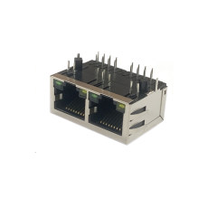 RJ45 铜壳 扁针 0.35mm Au 6u" PBT 带100BASE变压器 左黄右绿