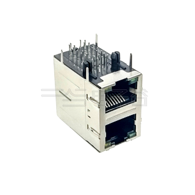 RJ45 8P8C DIP 2x1双层 有灯左绿右黄 带100BASE变压器 PBT黑色 Au 3u" 铜壳镀镍