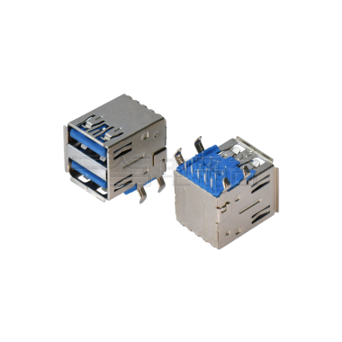 USB3.0 AF双层 DIP 弯脚插板 有边 铁壳镀镍 G/F PBT蓝色 电流1.5A