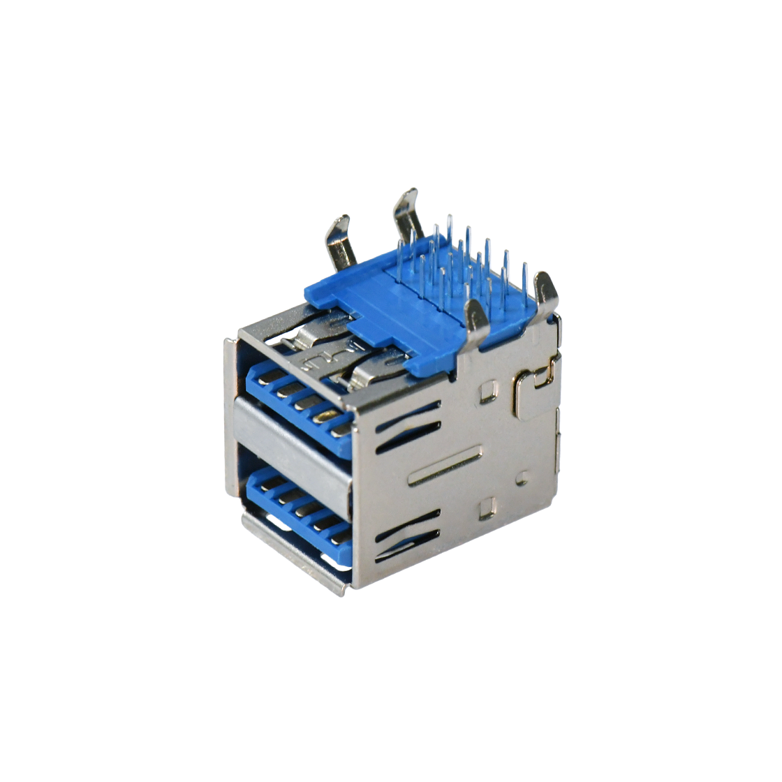 USB3.0 AF双层 DIP 弯脚插板 有边 铁壳镀镍 G/F PBT蓝色 电流1.5A