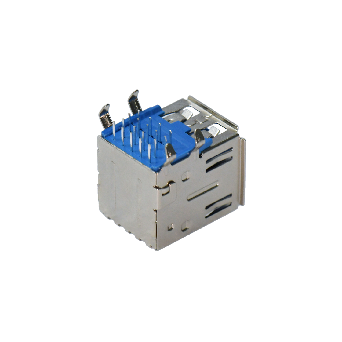 USB3.0 AF双层 DIP 弯脚插板 有边 铁壳镀镍 G/F PBT蓝色 电流1.5A