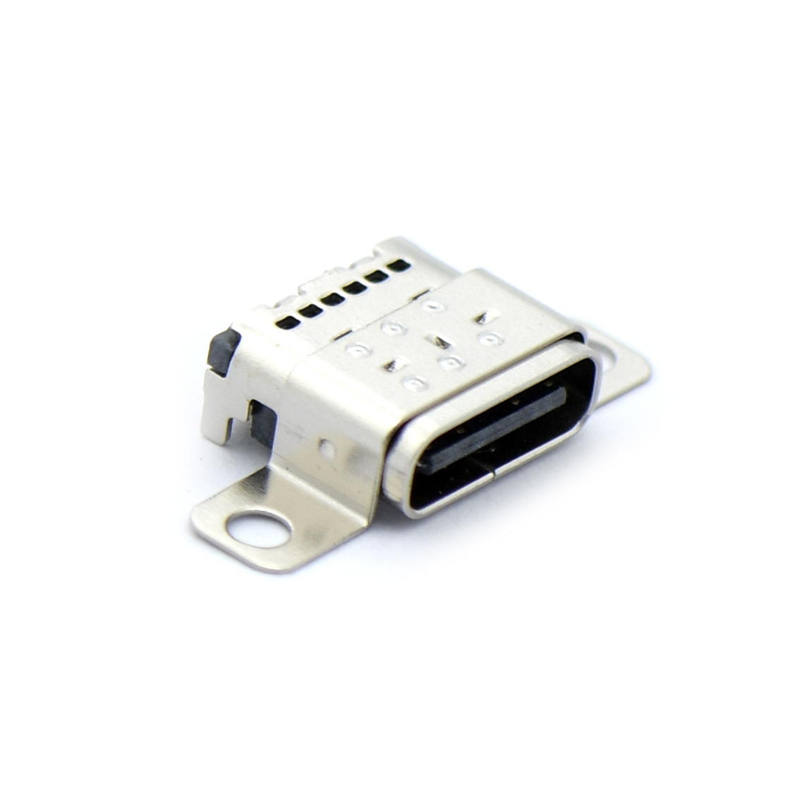 Type C 24P/F SMT 贴板式 外壳两脚插板 加外壳点焊带通孔1.9MM 不锈钢 镀镍 3U" LCP黑色 电流5A