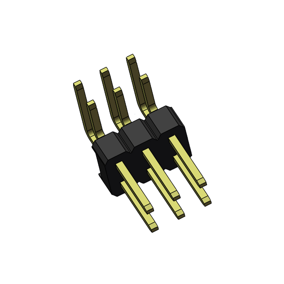 Pitch 2.54mm 90° 双排 DIP 单塑排针 2X03Pin 黑色 PA6T,94V-0 镀全金G/F 无卤