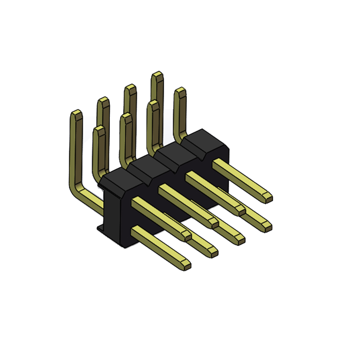 Pitch 2.54mm 90° 双排 DIP 单塑排针 2X04Pin 黑色 PA6T,94V-0 镀全金G/F 无卤