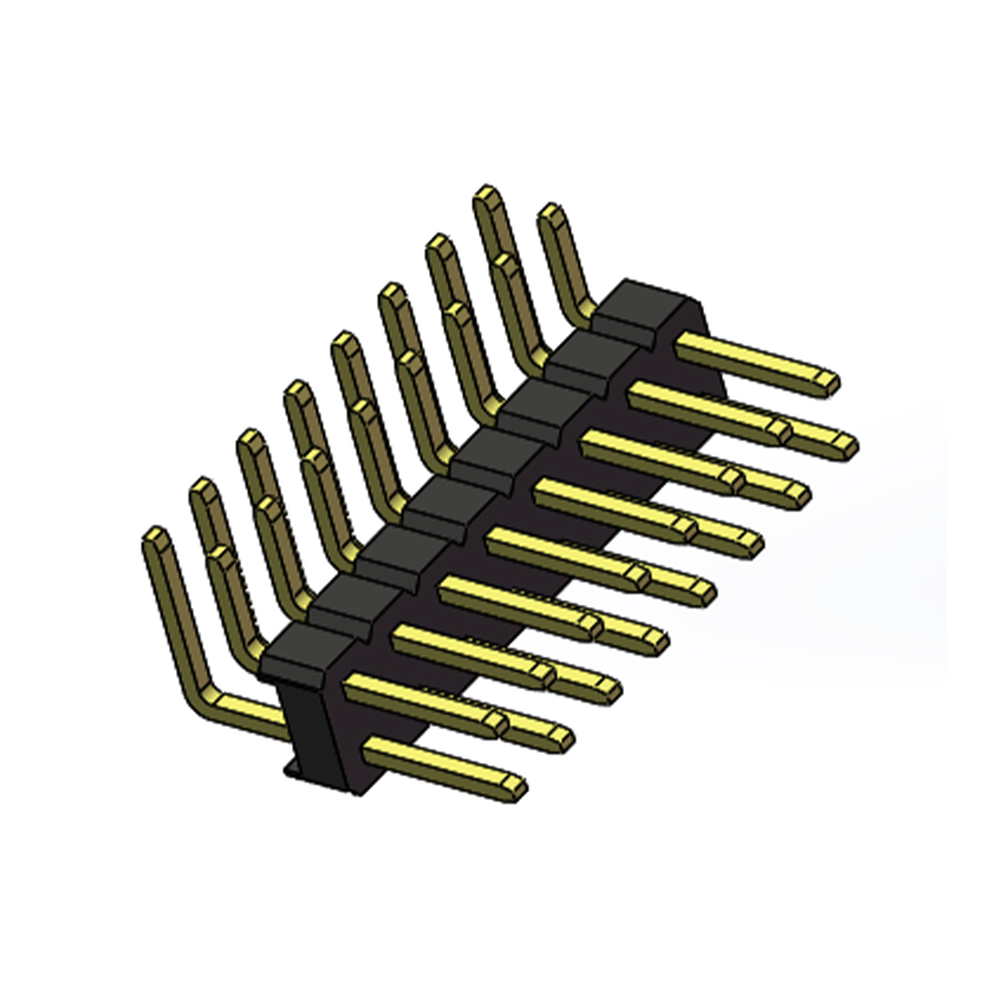 Pitch 2.54mm 90° 双排 DIP 单塑排针 2X08Pin 黑色 PA6T,94V-0 镀全金G/F 无卤