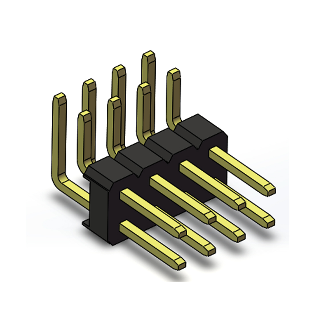 Pitch 2.54mm 90°双排 DIP 单塑排针 2X04Pin 黑色 PA6T,94V-0 镀全金G/F 无卤