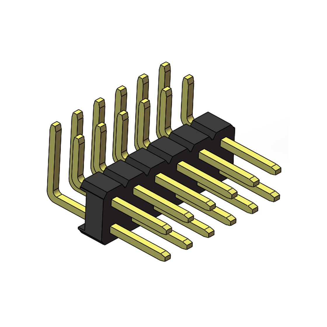 Pitch 2.54mm 90°双排 DIP 单塑排针 2X06Pin 黑色 PA6T,94V-0 镀全金G/F 无卤