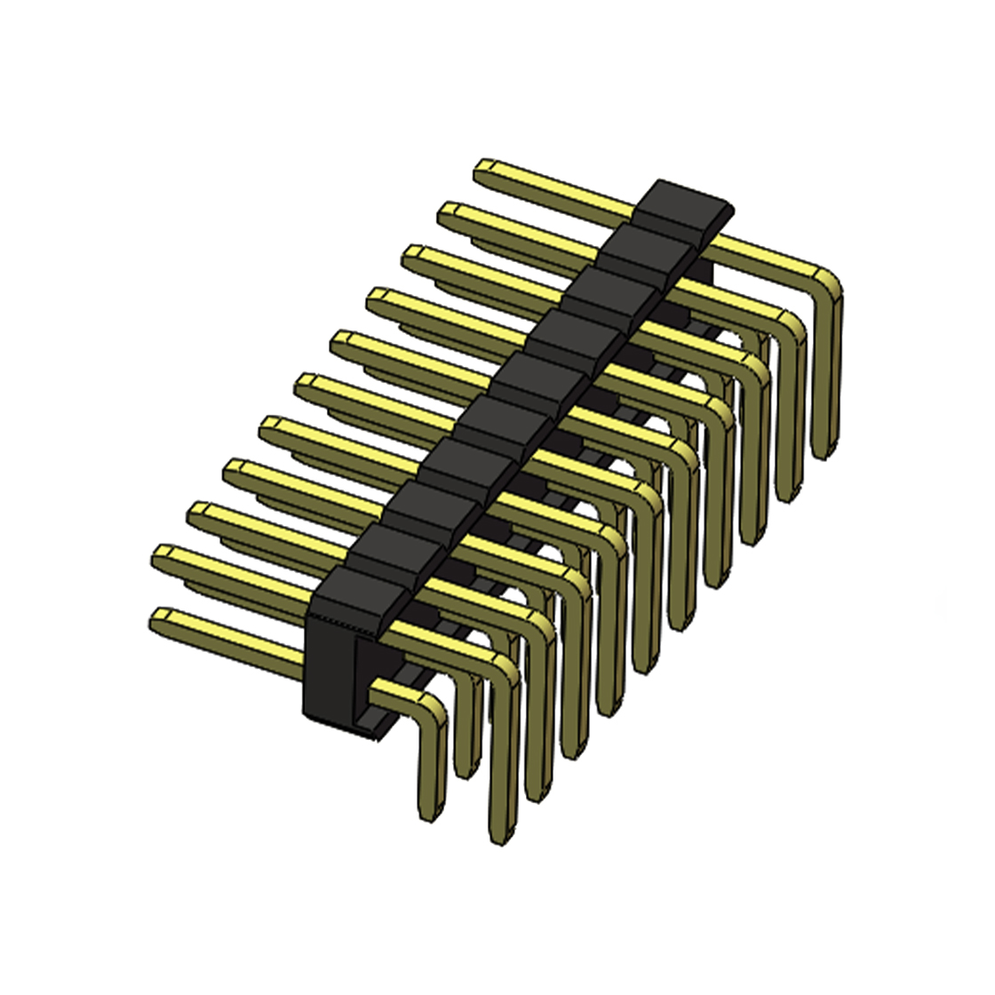 Pitch 2.54mm 90°双排 DIP 单塑排针 2X10Pin 黑色 PA6T,94V-0 镀全金G/F 无卤