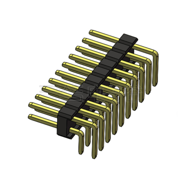 Pitch 2.54mm 90°双排 DIP 单塑排针 2X10Pin 黑色 PA6T,94V-0 镀全金G/F 无卤