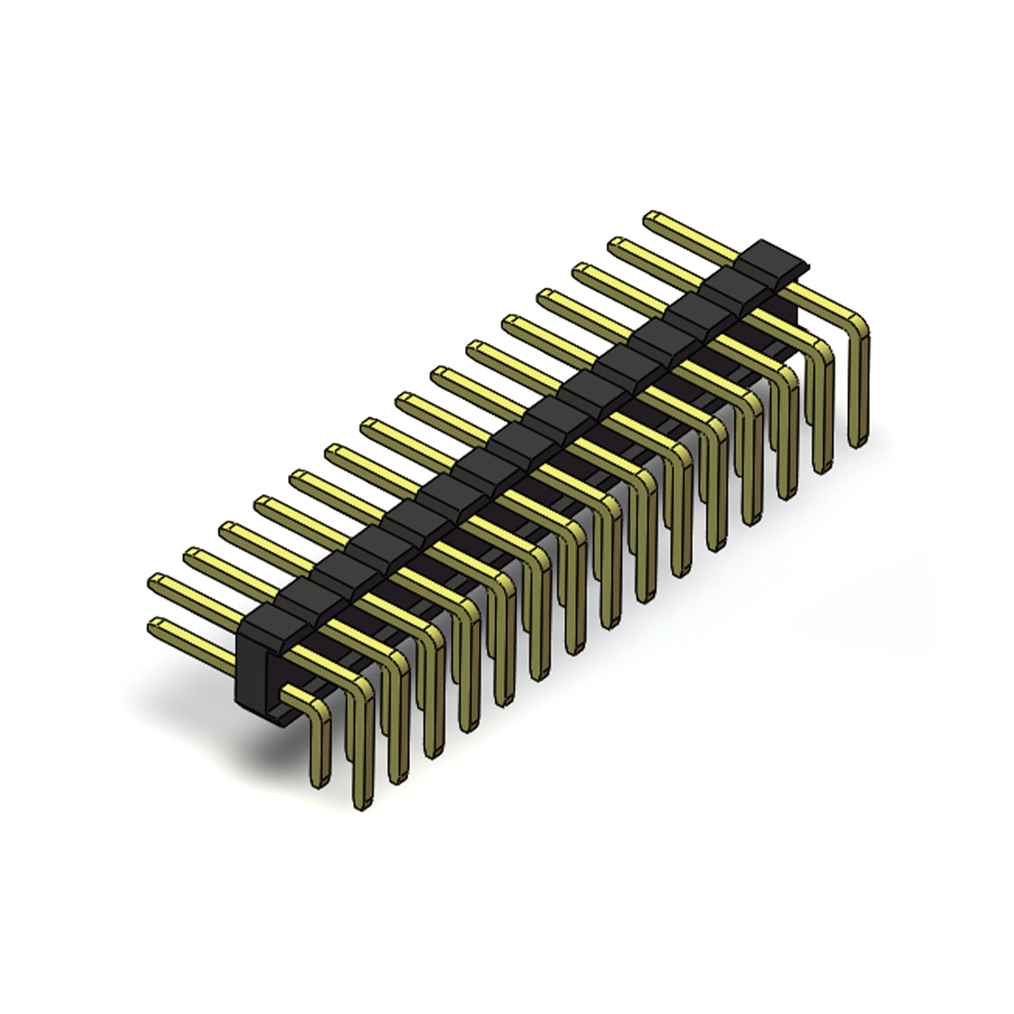 Pitch 2.54mm 90°双排 DIP 单塑排针 2X15Pin 黑色 PA6T,94V-0 镀全金G/F 无卤