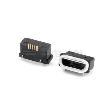 Micro USB2.0 5P/F SMT贴板式 两脚插板 中心距5.65mm L=6.6mm 防水IPX6 不锈钢镀镍 G/F PA10T 黑色 电流3A
