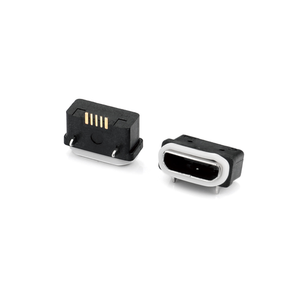 Micro USB2.0 5P/F SMT贴板式 两脚插板 中心距5.65mm L=7.1mm 防水IPX6 不锈钢镀镍 G/F PA10T 黑色 电流3A