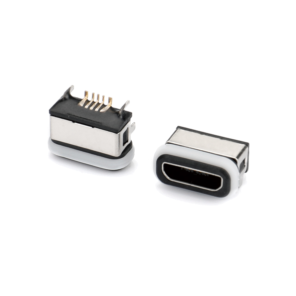 Micro USB2.0 5P/F SMT贴板式 四脚插板 防水IPX8 不锈钢镀镍 G/F PA10T 黑色 电流3A