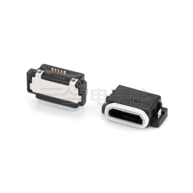 Micro USB2.0 5P/F SMT沉板式 CH=0.50mm 两脚插板 中心距11.0mm 防水IPX8 不锈钢镀镍 G/F PA10T 黑色 电流3A