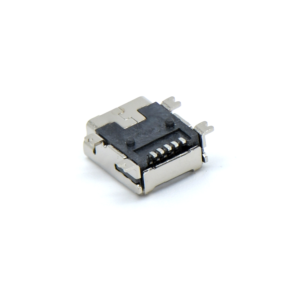 MINI USB 5P/F B TYPE SMT贴板式 四脚贴板 有柱 铜壳镀镍 G/F LCP黑色