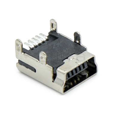 Mini USB 5P/F B TYPE SMT贴板式 四脚插板 铜壳镀镍 G/F LCP黑色 电流1A