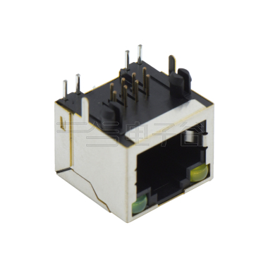 RJ45 8P8C DIP插板式 带壳全包 两脚插板 带灯(左黄右绿)铜壳镀镍 磷铜全金 G/F PBT黑色 电流1.5A