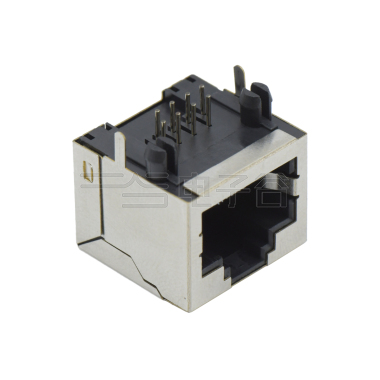 RJ45 8P8C DIP插板式 带壳全包 两脚插板 无灯 铜壳镀镍 磷铜全金 G/F LCP黑色 电流1.5A
