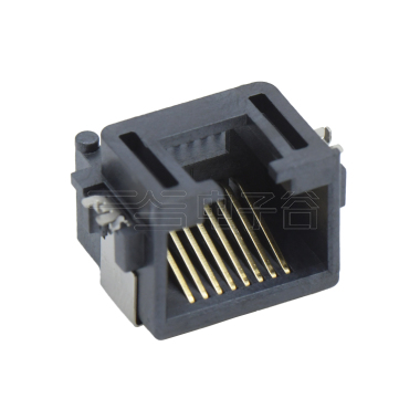 RJ45 8P8C 反向 SMT沉板式8.6mm 带壳中包 无灯 两脚插板 铜壳镀镍 磷铜半金锡 G/F LCP黑色 电流1.5A