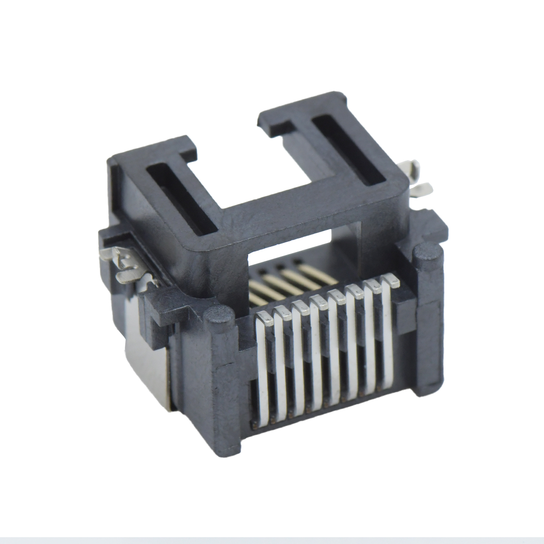 RJ45 8P8C 反向 SMT沉板式8.6mm 带壳中包 无灯 两脚插板 铜壳镀镍 磷铜半金锡 G/F LCP黑色 电流1.5A