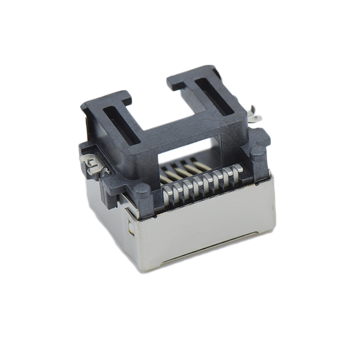 RJ45 8P8C 反向 SMT沉板式8.6mm 带壳全包 无灯 两脚插板 铜壳镀镍 磷铜半金锡 G/F LCP黑色 电流1.5A