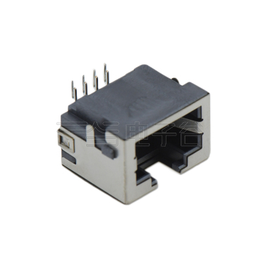 RJ45 8P8C DIP沉板式2.8mm 带壳全包 脚长1.6mm无灯 铜壳镀镍 磷铜半金锡 G/F LCP黑色 电流1.5A