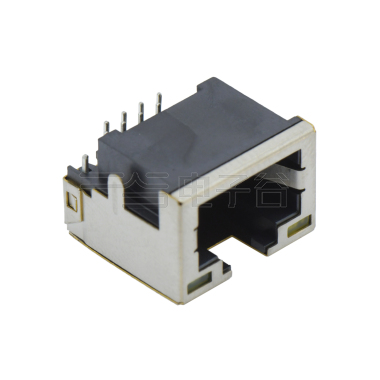 RJ45 8P8C DIP沉板式4.2mm 带壳全包 带灯(左黄右绿)铜壳镀镍 磷铜半金锡 G/F LCP黑色 电流1.5A