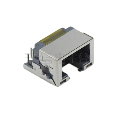 RJ45 8P8C DIP沉板式3.0mm 带壳全包 两脚插板 带灯(左琥珀右绿)贴唛拉 不锈钢镀镍 磷铜半金锡 G/F LCP黑色 电流1.5A