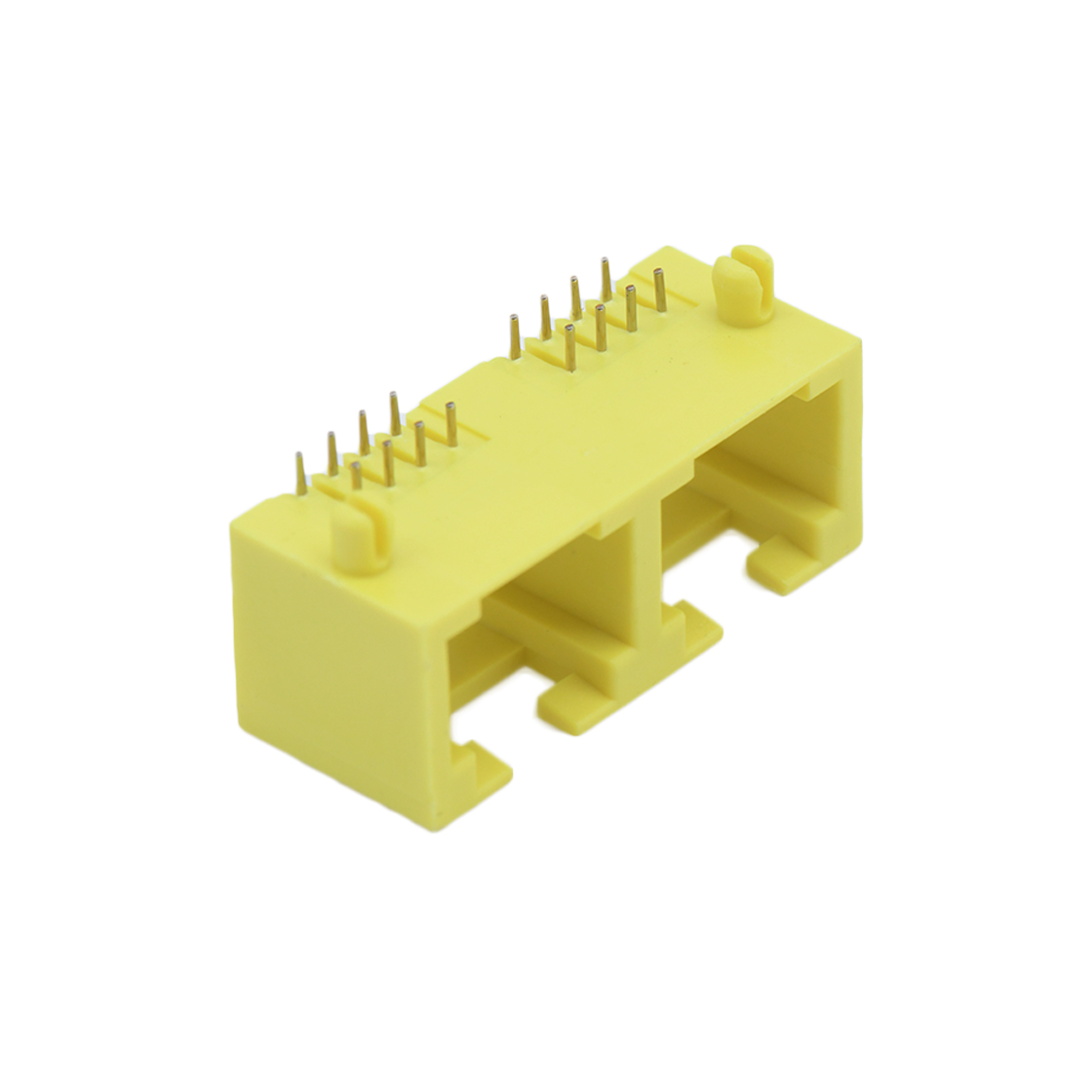 RJ45 8P8C DIP插板式 1X2 全塑 磷铜全金 G/F PBT 黄色 电流1.5A