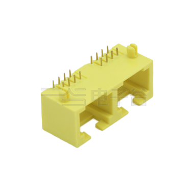 RJ45 8P8C DIP插板式 1X2 全塑 磷铜全金 G/F PBT 黄色 电流1.5A