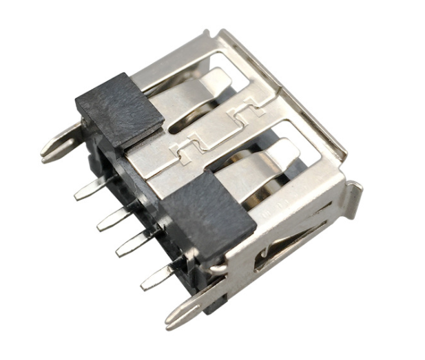 USB2.0 AF DIP插板式 短体立插10.0mm（鱼叉脚）铁壳镀镍 G/F PBT黑色 电流1.5A