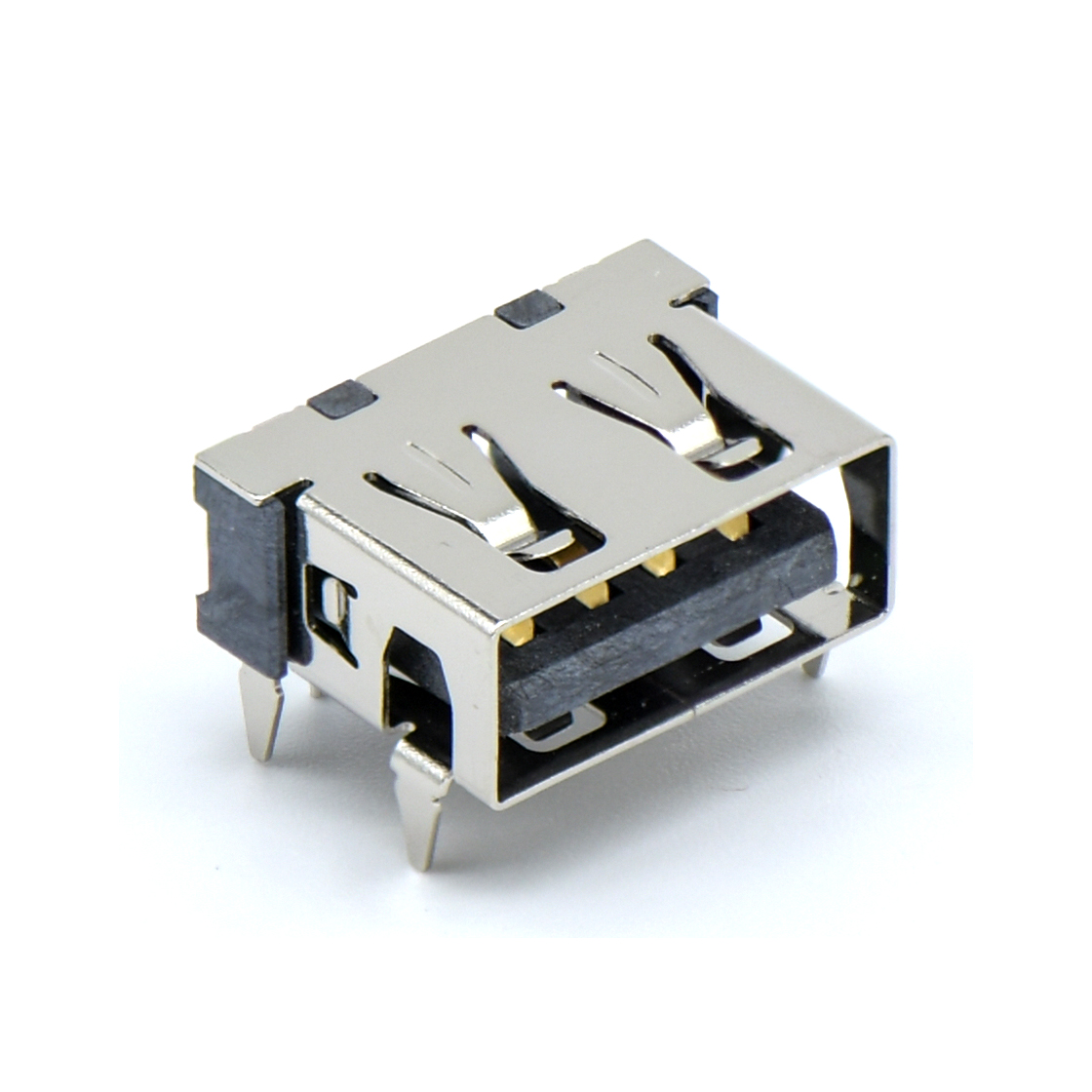 USB2.0 AF 单层 DIP插板式 L=10.0MM 四脚插板 无边 铜壳镀镍 30U" LCP黑色