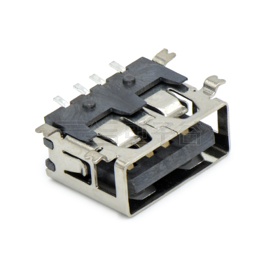 USB2.0 AF SMT贴板式 短体10.0mm 四脚贴板 有柱平口 铜壳镀镍 G/F PBT黑色 电流1.5A