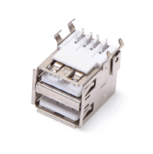USB2.0 AF双层 DIP 弯脚四脚插板 无弹 有边 铁壳镀镍 G/F PBT白色 电流1.5A