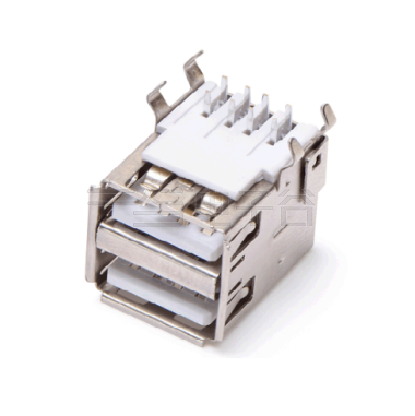 USB2.0 AF双层 DIP 弯脚四脚插板 无弹 有边 铁壳镀镍 G/F PBT白色 电流1.5A