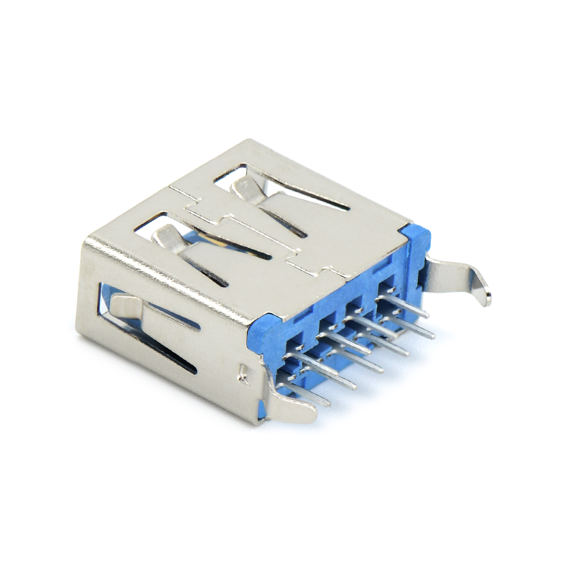 USB3.0 AF 单层 立插 L=11.0mm 打青蛙脚 无边 不锈钢镀镍 G/F LCP蓝色 电流1.5A