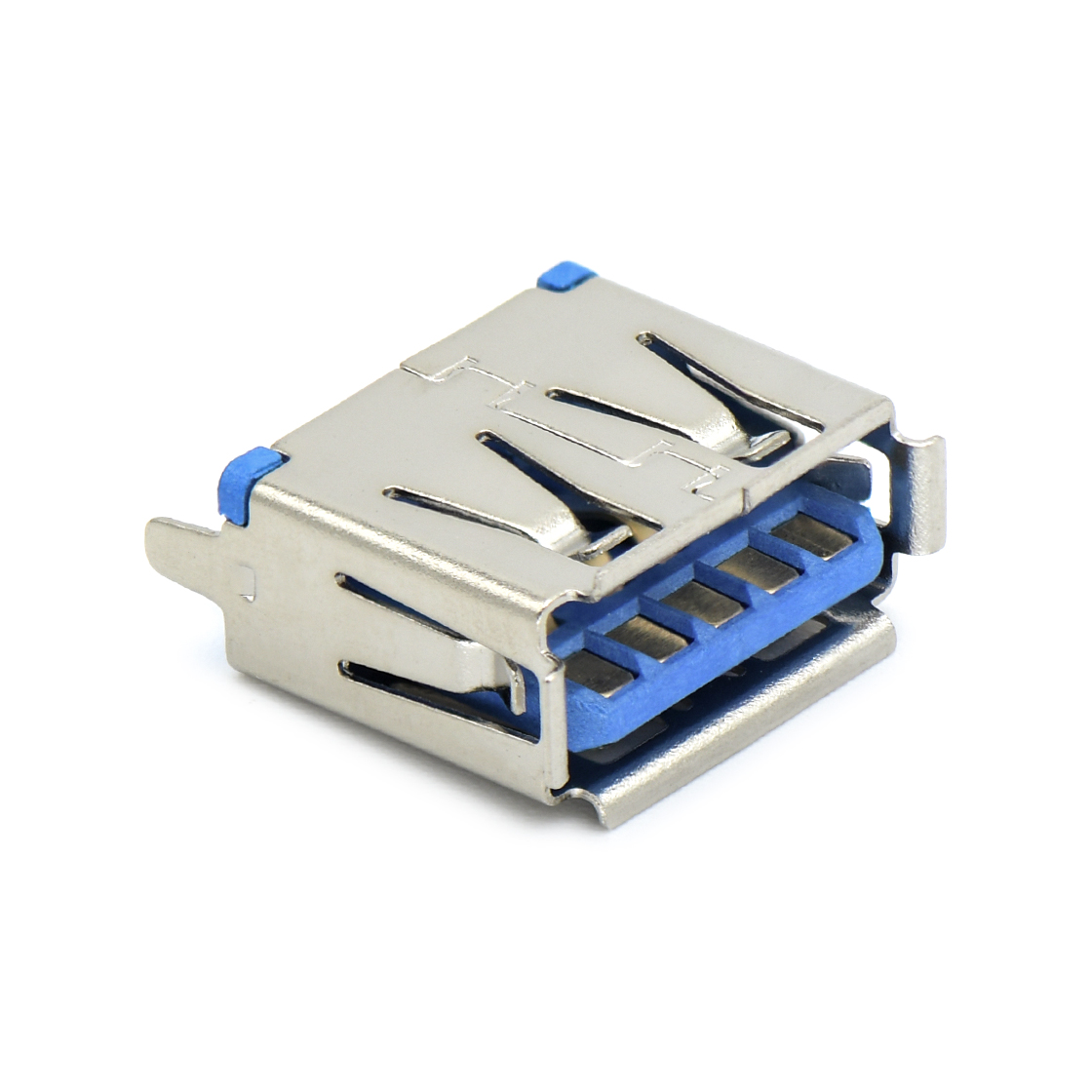 USB3.0 AF 单层 立插 L=11.0mm 打直脚 有边 不锈钢镀镍 G/F LCP蓝色 电流1.5A