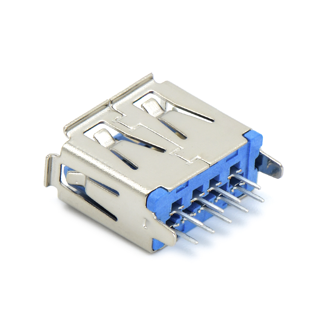 USB3.0 AF 单层 立插 L=11.0mm 打直脚 有边 不锈钢镀镍 G/F LCP蓝色 电流1.5A