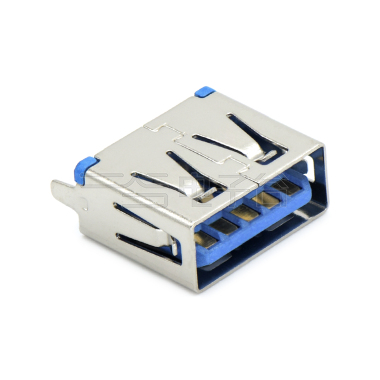 USB3.0 AF 单层 立插 L=11.0mm 打直脚 无边 不锈钢镀镍 G/F LCP蓝色 电流1.5A