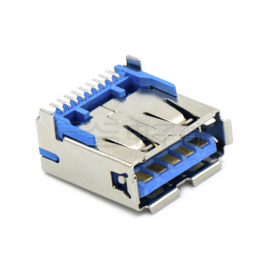 USB3.0 AF 单层 SMT贴板式 两脚插板 脚高1.0mm 有边 铜壳镀镍 G/F LCP蓝色 电流1.5A