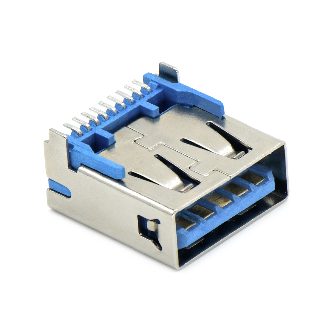 USB3.0 AF 单层 SMT贴板式 两脚插板 脚高1.0mm 无边 铜壳镀镍 G/F LCP蓝色 电流1.5A