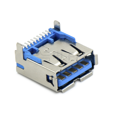 USB3.0 AF 单层 SMT贴板式 两脚插板 脚高2.5mm 有边 铜壳镀镍 G/F LCP蓝色 电流1.5A
