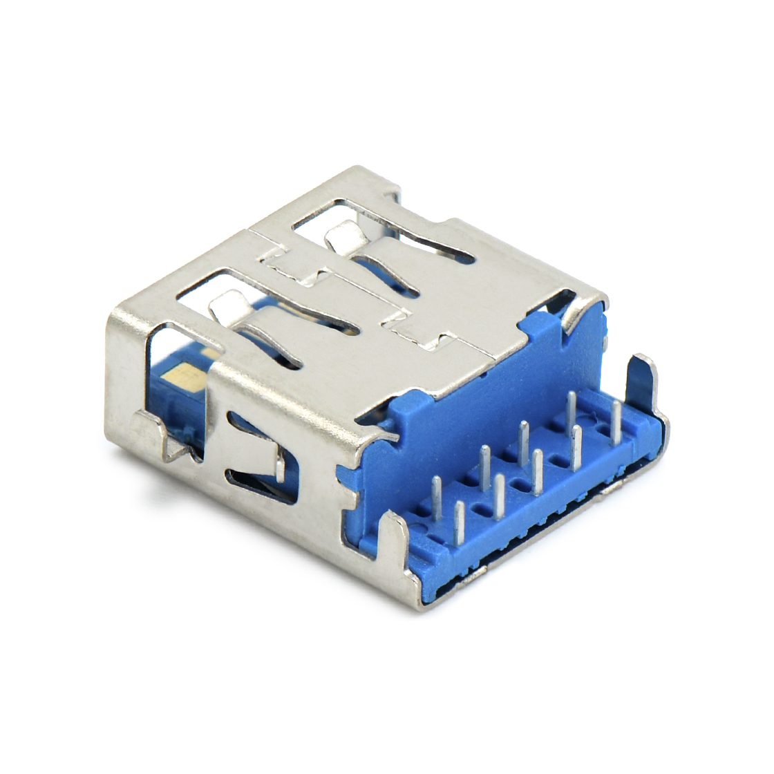 USB3.0 AF 单层 DIP沉板式2.1mm 四脚插板 L=14.20mm 无边 不锈钢镀镍 G/F LCP蓝色 电流1.5A