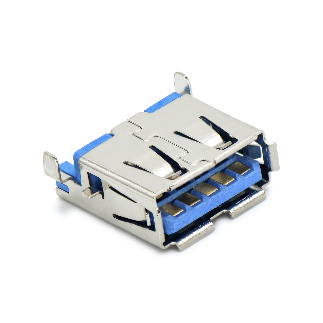 USB3.0 AF 单层 SMT沉板式3.5mm 外壳脚前贴后插 中心距4.0mm 有边 不锈钢镀镍 G/F LCP蓝色 电流1.5A
