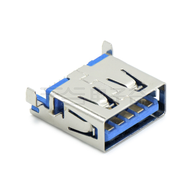 USB3.0 AF 单层 SMT沉板式3.5mm 外壳脚前贴后插 中心距4.0mm 无边 不锈钢镀镍 G/F LCP蓝色 电流1.5A