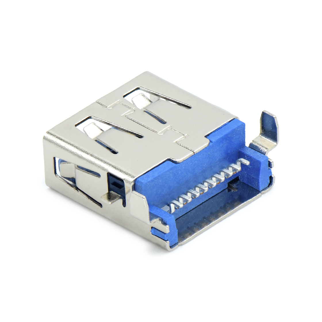 USB3.0 AF 单层 SMT沉板式3.5mm 外壳脚前贴后插 中心距4.0mm 无边 不锈钢镀镍 G/F LCP蓝色 电流1.5A