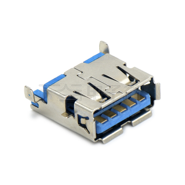 USB3.0 AF 单层 SMT沉板式3.5mm 外壳脚前贴后插 中心距6.95mm 有边 不锈钢镀镍 G/F LCP蓝色 电流1.5A