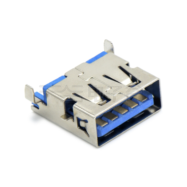 USB3.0 AF 单层 SMT沉板式3.5mm 外壳脚前贴后插 中心距6.95mm 无边 不锈钢镀镍 G/F LCP蓝色 电流1.5A