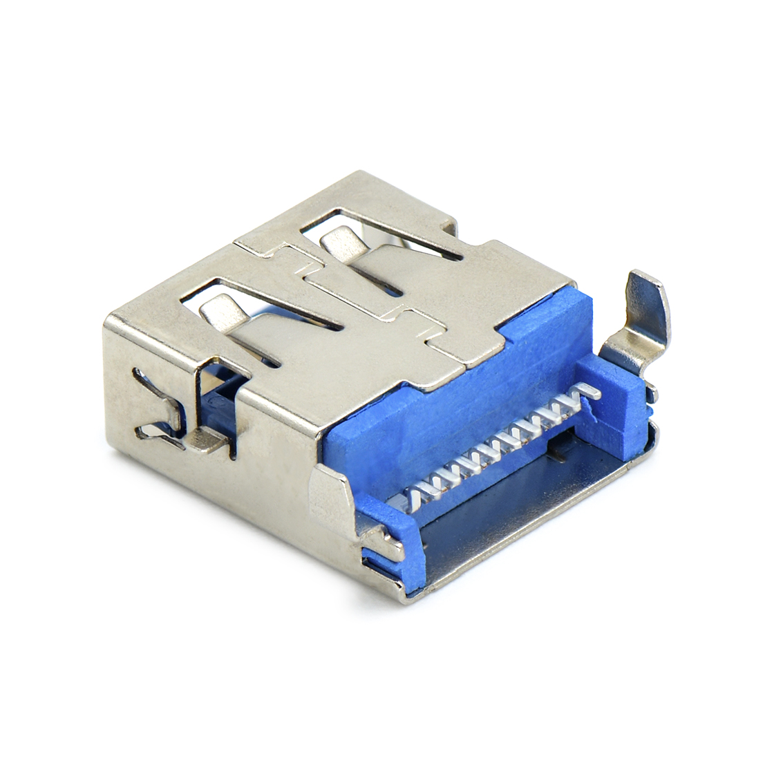 USB3.0 AF 单层 SMT沉板式3.5mm 外壳脚前贴后插 中心距6.95mm 无边 不锈钢镀镍 G/F LCP蓝色 电流1.5A
